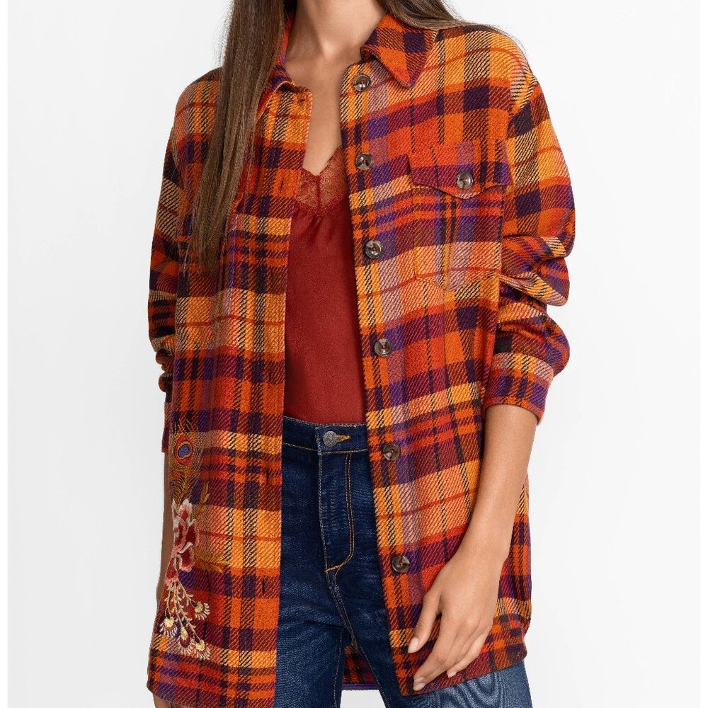 NWT Johnny Was Biya JWLA 3J Workshop Embroidered Anake Shirt Jacket Plaid Coat